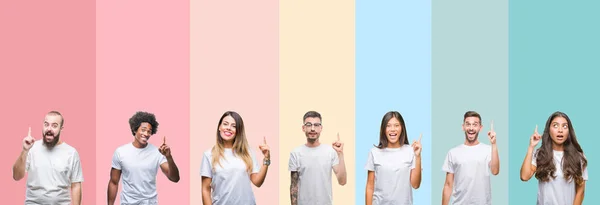 Collage Different Ethnics Young People Wearing White Shirt Colorful Isolated — Stock Photo, Image