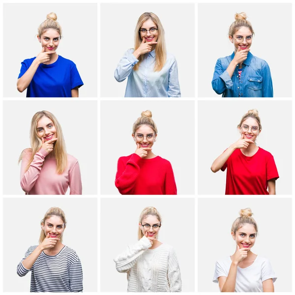 Collage Van Jonge Mooie Blonde Vrouw Witte Geïsoleerde Achtergrond Zoek — Stockfoto