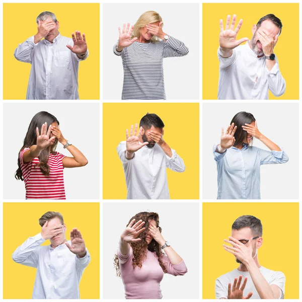 Collage Grupo Jóvenes Personas Mayores Sobre Fondo Aislado Amarillo Cubriendo — Foto de Stock