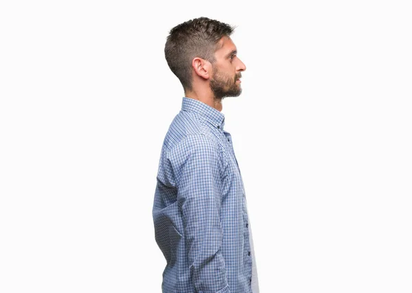 Jonge Knappe Man Dragen Witte Shirt Geïsoleerde Achtergrond Zoek Naar — Stockfoto