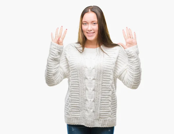 Jonge Mooie Kaukasische Vrouw Dragen Winter Trui Geïsoleerde Achtergrond Weergeven — Stockfoto