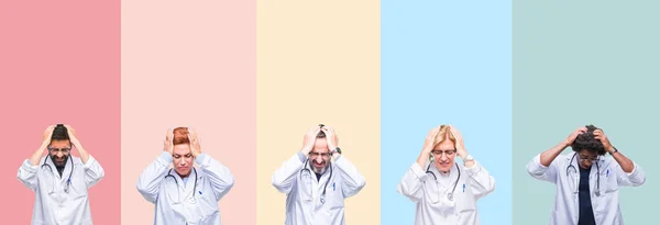 Collage Médicos Profesionales Sobre Rayas Colores Aislados Fondo Que Sufren — Foto de Stock