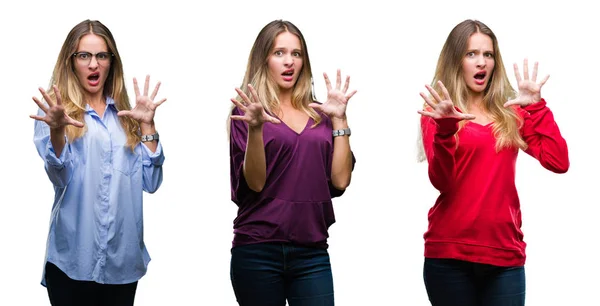 Collage Young Beautiful Blonde Woman Isolated Background Afraid Terrified Fear — Stock Photo, Image