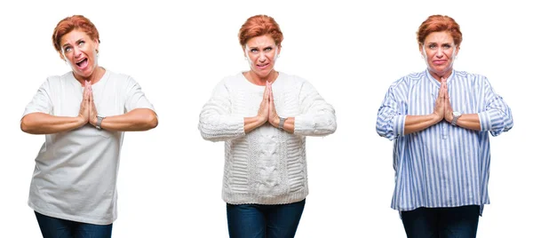 Collage Mujer Mayor Mediana Edad Sobre Fondo Blanco Aislado Mendigando — Foto de Stock