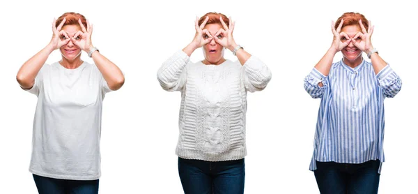 Collage Van Senior Vrouw Van Middelbare Leeftijd Witte Geïsoleerd Achtergrond — Stockfoto