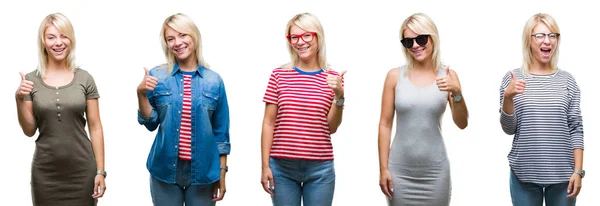 Colagem Bela Mulher Loira Vestindo Diferentes Olhares Sobre Fundo Isolado — Fotografia de Stock
