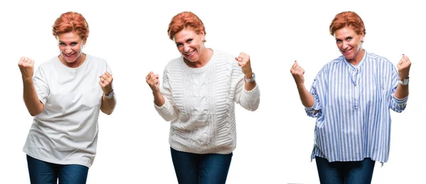 白で中年年配の女性のコラージュは 非常に幸せと興奮して腕を上げると 笑みを浮かべて 成功のために叫んで勝者ジェスチャーを行う背景を分離しました お祝いのコンセプト — ストック写真