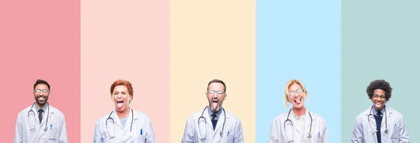 Collage Professional Doctors Colorful Stripes Isolated Background Sticking Tongue Out — Stock Photo, Image