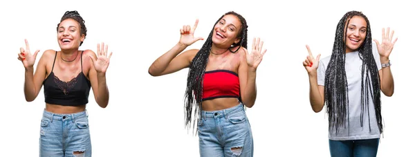コラージュ分離背景表示と指で上向きに出生マークが付いた美しい編んだ髪アフリカ系アメリカ人女性の数は自信を持って 幸せな笑みを浮かべている間 — ストック写真