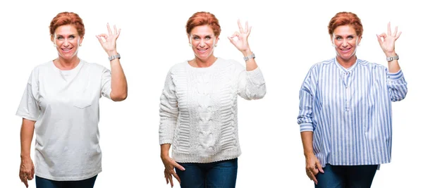 Colagem Meia Idade Mulher Sênior Sobre Fundo Isolado Branco Sorrindo — Fotografia de Stock