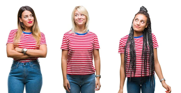 Collage Mujeres Jóvenes Con Rayas Camiseta Sobre Fondo Aislado Sonriendo —  Fotos de Stock