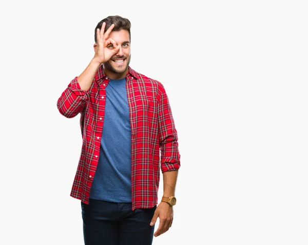 Joven Hombre Guapo Sobre Fondo Aislado Haciendo Buen Gesto Con —  Fotos de Stock