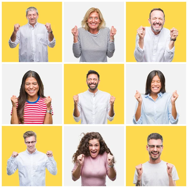 Collage Gruppo Giovani Anziani Sfondo Giallo Isolato Eccitato Successo Con — Foto Stock