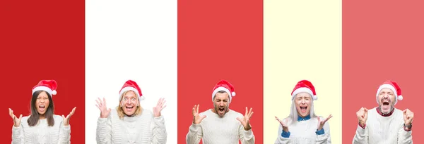 Collage Van Groep Jongeren Dragen Kerstmuts Rode Geïsoleerde Achtergrond Vieren — Stockfoto