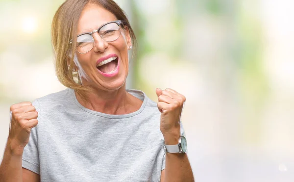 Középkorú Vezető Spanyol Szemüveg Viselése Alatt Elszigetelt Háttér Nagyon Boldog — Stock Fotó