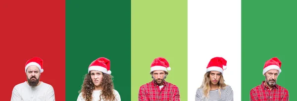 Kolaż Grupa Ludzi Kapeluszu Boże Narodzenie Biały Zielony Białym Tle — Zdjęcie stockowe