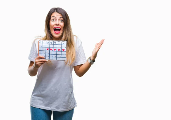 Jovem Bela Mulher Segurando Calendário Menstruação Sobre Fundo Isolado Muito — Fotografia de Stock