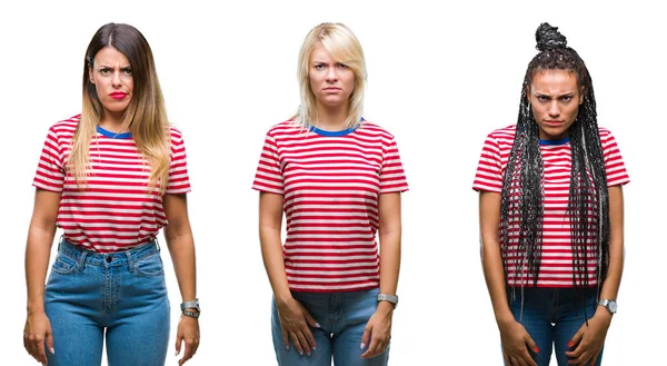 Collage Mujeres Jóvenes Con Rayas Camiseta Sobre Fondo Aislado Escéptico — Foto de Stock