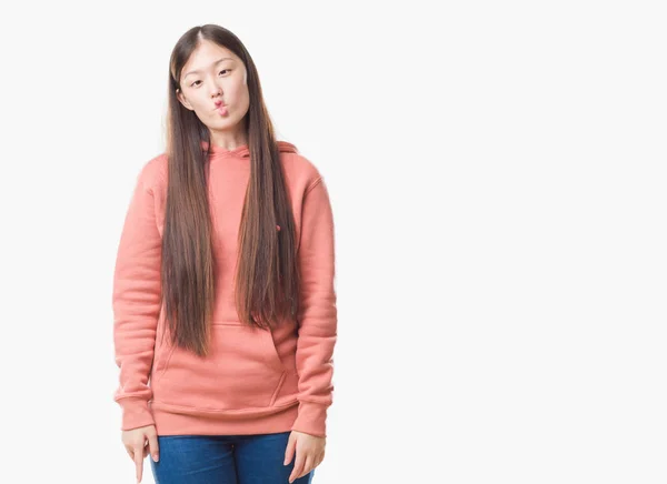 Mulher Chinesa Jovem Sobre Fundo Isolado Vestindo Camisola Esporte Fazendo — Fotografia de Stock