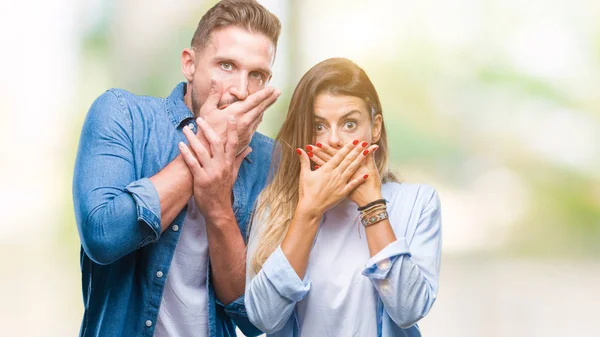 Young Couple Love Isolated Background Shocked Covering Mouth Hands Mistake — Stock Photo, Image