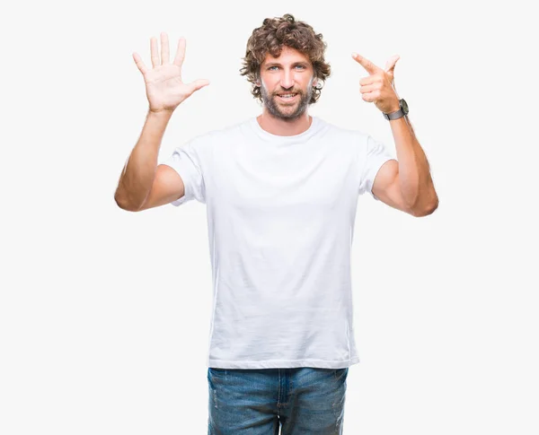Handsome Hispanic Model Man Isolated Background Showing Pointing Fingers Number — Stock Photo, Image