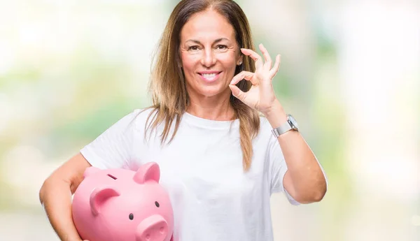 Középkorú Spanyol Használ Piggy Bank Felső Jel Ujjaival Kiváló Szimbólum — Stock Fotó