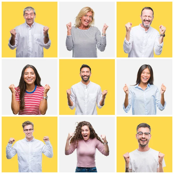 Collage Grupo Jóvenes Personas Mayores Sobre Fondo Amarillo Aislado Celebrando — Foto de Stock