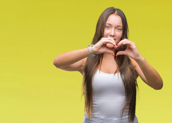 Genç Beyaz Güzel Bir Kadın Aşık Kalp Simgesi Elleriyle Şekil — Stok fotoğraf