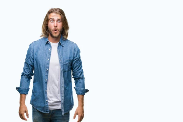 Young Handsome Man Long Hair Isolated Background Afraid Shocked Surprise — Stock Photo, Image
