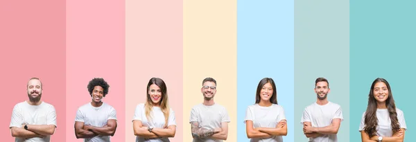 Collage Diferentes Etnias Jóvenes Con Camiseta Blanca Sobre Colorido Fondo — Foto de Stock