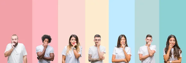 Colagem Diferentes Etnias Jovens Vestindo Camiseta Branca Sobre Fundo Isolado — Fotografia de Stock