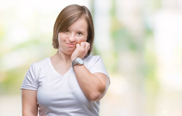 Młoda Kobieta Dorosłych Zespołem Downa Białym Tle Patrząc Zestresowany Zdenerwowany — Zdjęcie stockowe