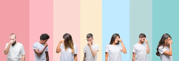 Collage Van Verschillende Etniciteit Jongeren Dragen Witte Shirt Kleurrijke Geïsoleerde — Stockfoto