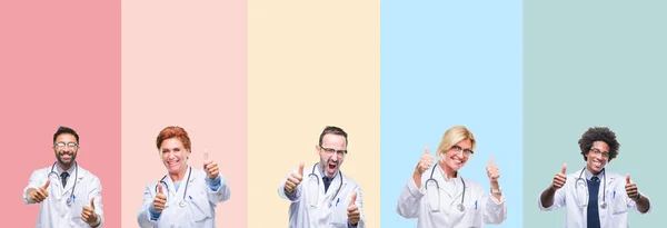 Collage Medici Professionisti Strisce Colorate Sfondo Isolato Approvando Facendo Gesto — Foto Stock