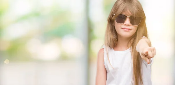 Young Blonde Toddler Wearing Sunglasses Pointing Finger Camera You Hand — Stock Photo, Image