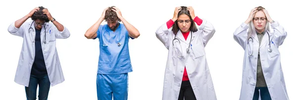 Collage Grupo Médicos Enfermeras Cirujanos Sobre Los Antecedentes Aislados Que —  Fotos de Stock