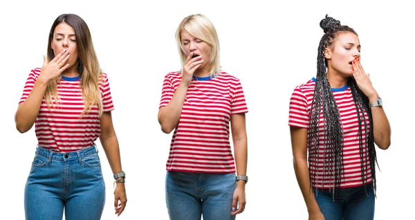 Collage Aus Jungen Frauen Die Gestreiftes Shirt Über Isoliertem Hintergrund — Stockfoto