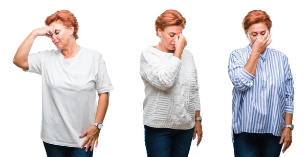 Colagem Mulher Idosa Meia Idade Sobre Fundo Isolado Branco Cansado — Fotografia de Stock