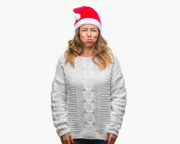 Middle Age Senior Hispanic Woman Wearing Christmas Hat Puffing Cheeks — Stock Photo, Image