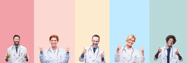 Koláž Profesionálních Lékařů Nad Barevné Pruhy Samostatný Pozadí Úspěch Znamení — Stock fotografie