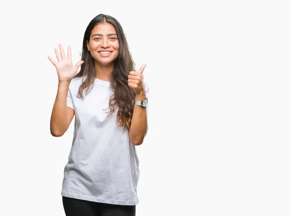 Молодая Красивая Арабская Женщина Изолированном Фоне Показывает Указывает Пальцами Номер — стоковое фото