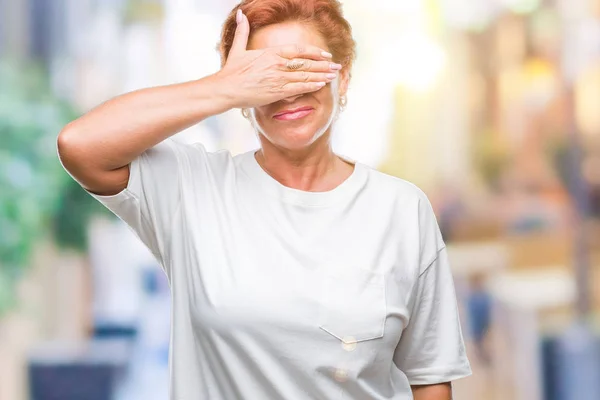 Atrractive Senior Caucasian Redhead Woman Isolated Background Smiling Laughing Hand — Stock Photo, Image