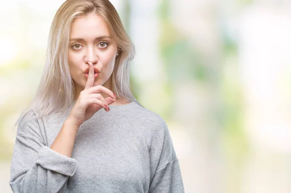 Young Blonde Woman Isolated Background Asking Quiet Finger Lips Silence — Stock Photo, Image