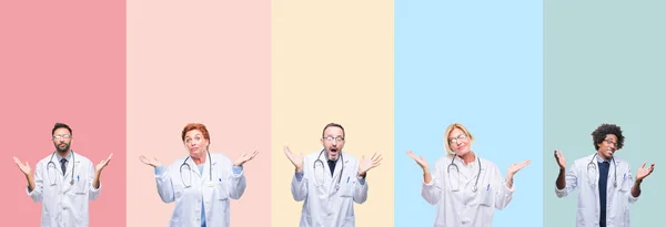 Collage Professional Doctors Colorful Stripes Isolated Background Clueless Confused Expression — Stock Photo, Image