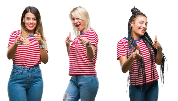 Collage Giovani Donne Che Indossano Strisce Shirt Sfondo Isolato Puntando — Foto Stock