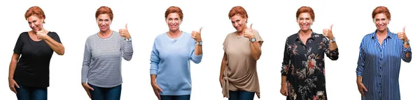 Collage Medelåldern Senior Kvinna Över Vit Isolerade Bakgrund Gör Glad — Stockfoto