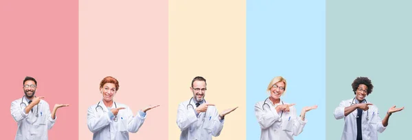 Collage Van Professionele Artsen Kleurrijke Strepen Geïsoleerde Achtergrond Verbaasd Lachend — Stockfoto