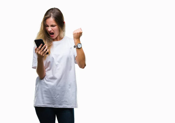 Young Beautiful Blonde Woman Using Smartphone Isolated Background Annoyed Frustrated — Stock Photo, Image
