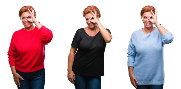 Collage Mujer Mayor Mediana Edad Sobre Fondo Blanco Aislado Haciendo —  Fotos de Stock