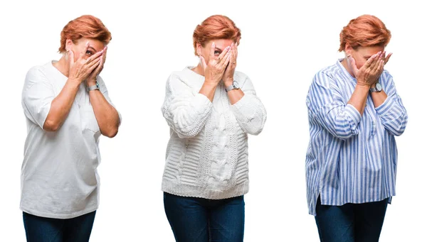 Collage Middle Age Senior Woman White Isolated Background Sad Expression — Stock Photo, Image